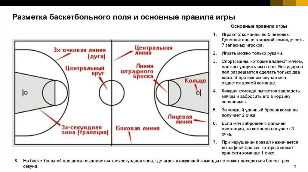 Перечислите основные правила игры в баскетбол. Разметка площадки в баскетболе. Баскетбольное поле схема.