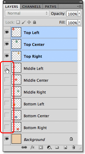The Layer Visibility icons in the Layers panel in Photoshop. 