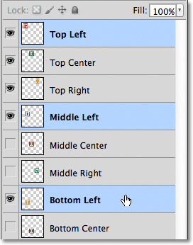 Selecting the Top Left, Middle Left and Bottom Left layers in the Layers panel. 