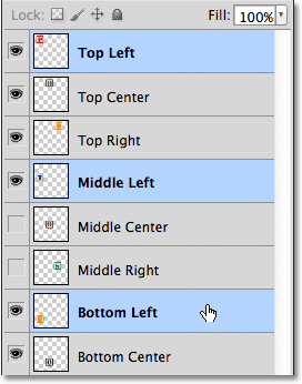 Selecting the Top Left, Middle Left and Bottom Left layers in the Layers panel. 