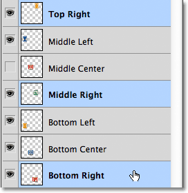 Selecting the Top Right, Middle Right and Bottom Right layers in the Layers panel. 